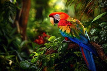 Fototapeta premium Vibrant red bird amidst the lush greenery of a tropical forest.