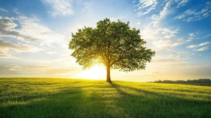 Obraz premium A solitary tree in the middle of a grassy field, with the sun setting in the background, casting long shadows across the land.