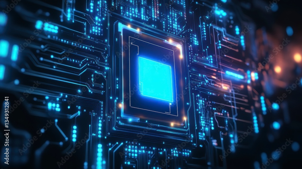 Poster close-up of a glowing blue central processing unit (cpu) on a circuit board, showcasing intricate te