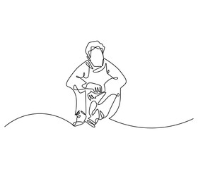 Continuous one line drawing of sad man sitting alone. Single line drawing illustration of thinking man. Man sitting alone concept vector art. Doodle line illustration.
