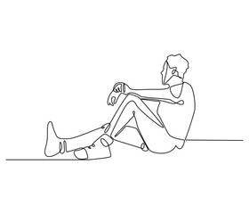 Obraz premium Continuous one line drawing of sad man sitting alone. Single line drawing illustration of thinking man. Man sitting alone concept vector art. Doodle line illustration.