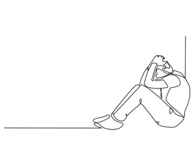 Obraz premium Continuous one line drawing of sad man sitting alone. Single line drawing illustration of thinking man. Man sitting alone concept vector art. Doodle line illustration.