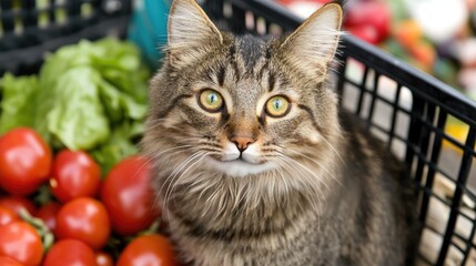 Cat Among Fresh Vegetables at a Market