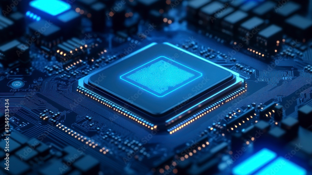 Aufkleber close-up of a central processing unit (cpu) on a circuit board, glowing blue.