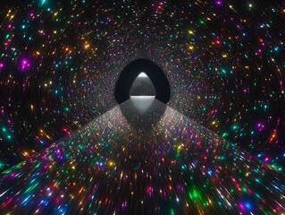 A dark tunnel with colorful lights in a repeating pattern
