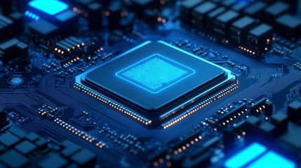 Close-up of a central processing unit (CPU) on a circuit board, glowing blue.