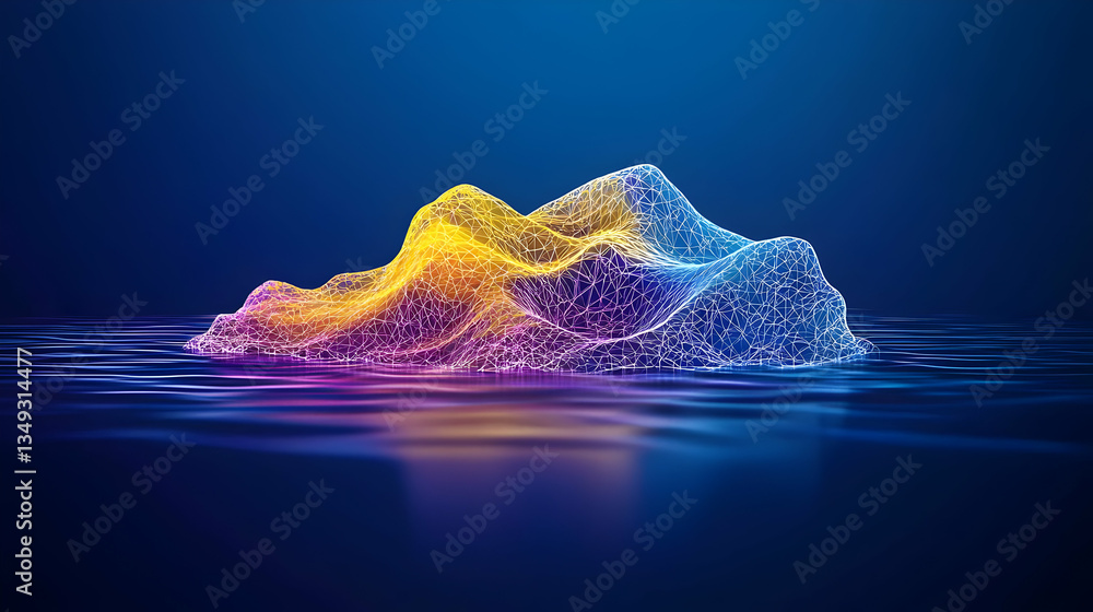 Poster abstract digital mountain illuminated with gradient colors floating above a reflective surface again