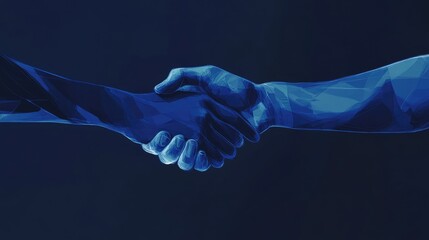 Two abstract blue hands shaking, symbolizing partnership and collaboration against a dark background