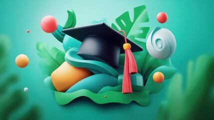 A graduation cap with a tassel on top of abstract shapes against a teal colored background