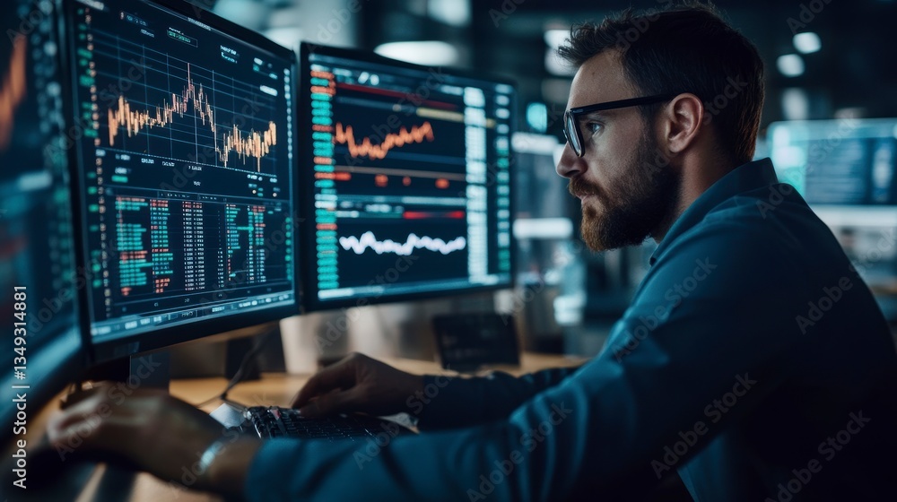 Poster Focused businessman analyzing data on multiple computer screens in a dark office.