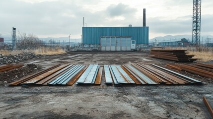 Fototapeta premium A wide shot of a construction site with metal sheets lying on the ground, ready for assembly into the framework of an industrial building.