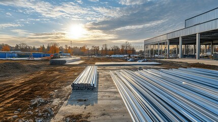 A wide shot of a construction site with metal sheets lying on the ground, ready for assembly into the framework of an industrial building.