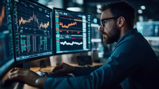 Focused businessman analyzing data on multiple computer screens in a dark office.