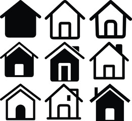 Black vector set of house icons depicting real estate, residential building architecture