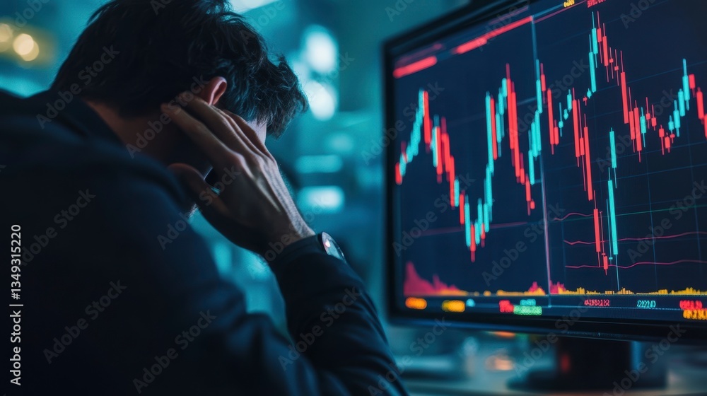 Poster stressed businessman reviewing negative stock market data on computer screen.