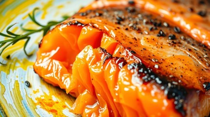 Overhead bird’s eye view of sliced smoked trout fillet