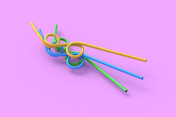 Heap of colorful curved drinking straws on pink background. Plastic tube for beverage. 3d render