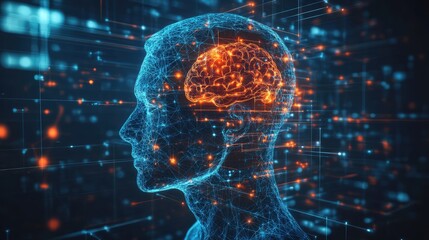 Futuristic digital representation of a human head with a glowing brain, surrounded by data streams and neural connections