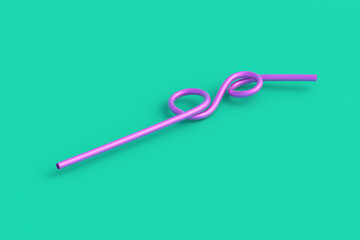 Curved drinking straw on green background. Plastic tube for beverage. 3d render