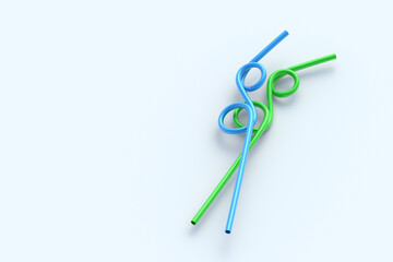 Two curved drinking straws on light gray background. Plastic tube for beverage. Copy space. 3d render