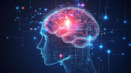 A futuristic representation of a human brain with digital connections and glowing elements illustrating neural activity