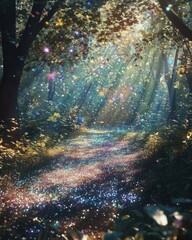 Obraz premium Magical forest path, sunlit, sparkles, fantasy, background