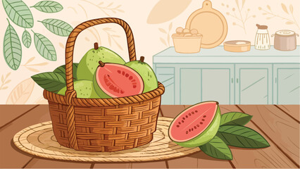 Guava with Guava slice in wicker basket on table in kitchen vector design, Guava Illustration vector design