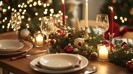A beautifully decorated holiday dining table, candles and festive dishes.