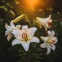 Golden Hour Elegance: The Majesty of White Easter Lilies, Generative AI.
