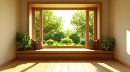 Bright and serene window view with lush greenery outside