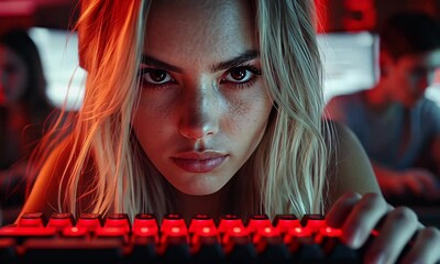 Woman focuses intently on a brightly lit keyboard, other figures blurred in background - Powered by Adobe