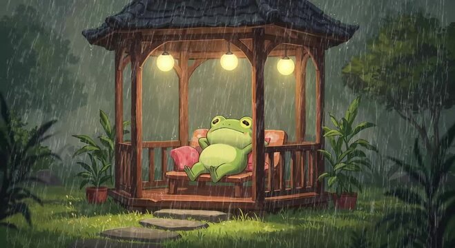 Cute frog sitting in a gazebo watching the rain, relaxing, lofi style, ANIME