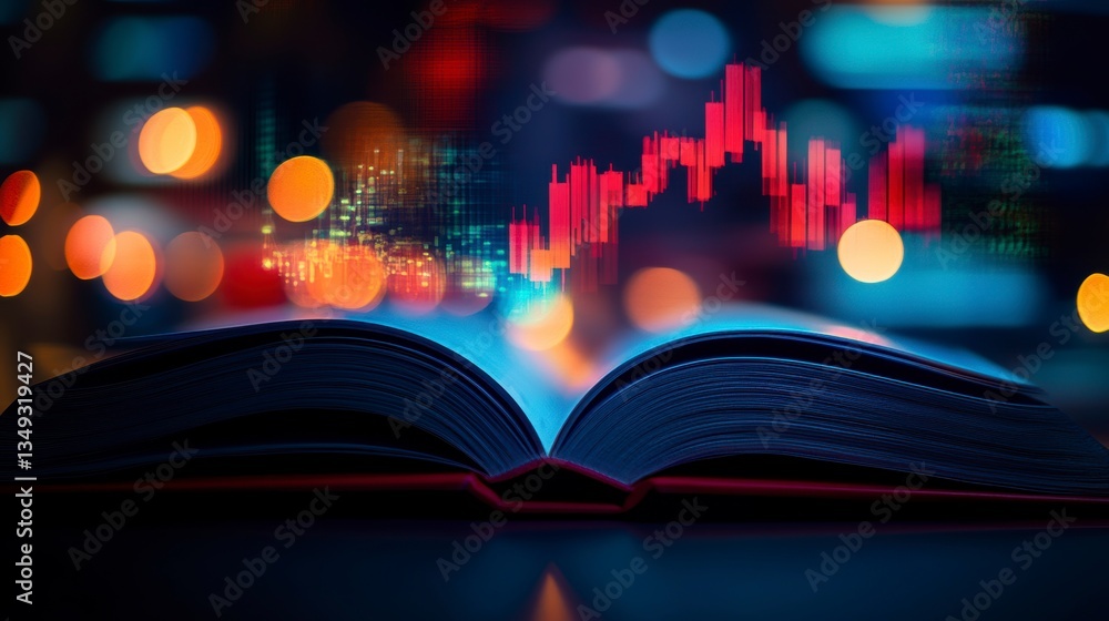 Poster open book glowing with financial chart overlay, bokeh background.