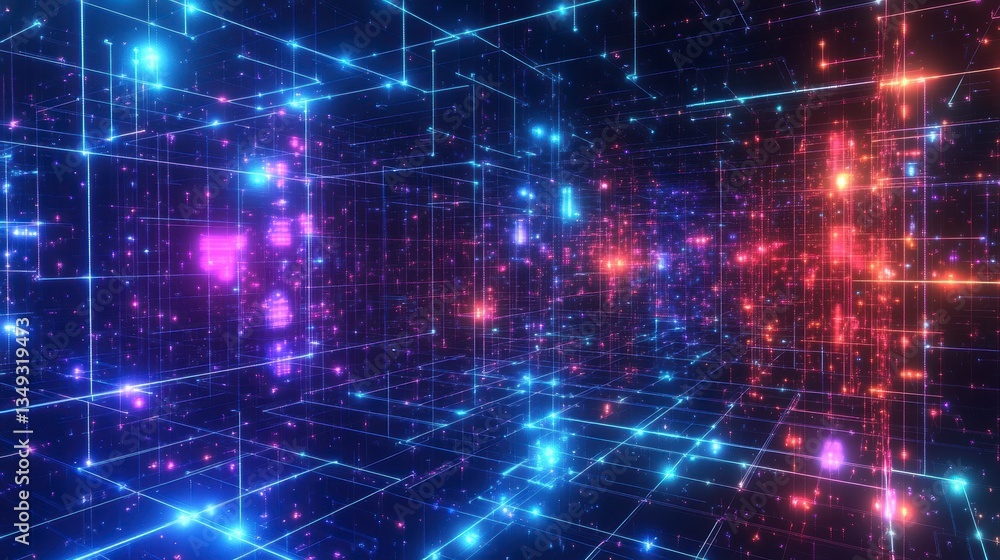 Poster Abstract digital network data flow, glowing lines and nodes in vibrant colors.