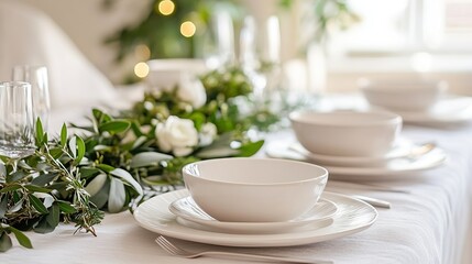 A minimalist holiday dining table setup, white plates and greenery.