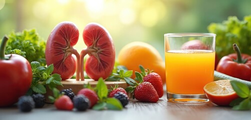 Still life photo of healthy kidneys surrounded by fresh fruit, vegetables, juice. Illustrates concept of wellness, balanced diet, proper hydration, kidney health, healthcare. Healthy eating concept