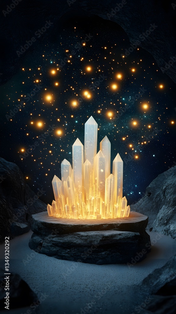 Poster a podium built from shimmering crystals, surrounded by floating pollen-like lights in a hidden cave.