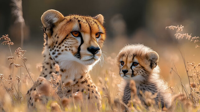 A cheetah mother and her cub, nestled in the golden savanna grass at sunset, sharing a tender moment of connection and quiet strength, bathed in warm, soft light.