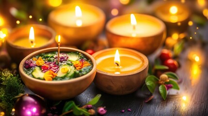 Obraz premium Serene ambiance with herbal bowl and glowing candles