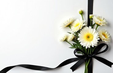 Beautiful white chrysanthemum flowers with yellow centers, black ribbon on white background. Condolence card with copy space for text. Funeral, mourning, grief, sorrow, sympathy, remembrance, loss,