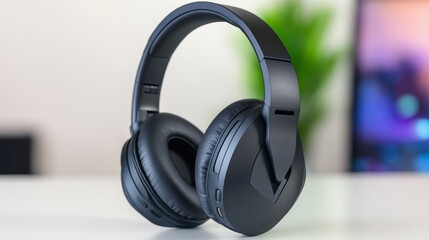 Black wireless headphone on a white surface with a blurred colorful background