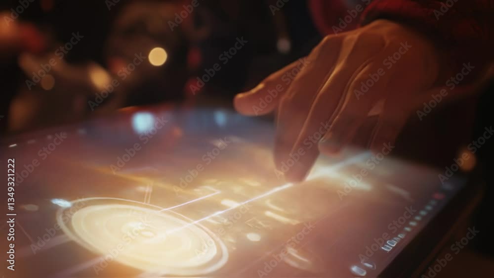 Poster businessman interacting with futuristic interactive touchscreen table. exploring data visualization 