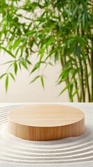 A podium made of natural bamboo, placed in the middle of a tranquil Zen garden with raked sand patterns.