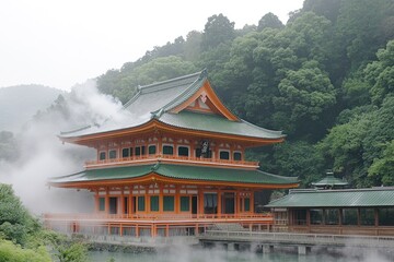 Obraz premium Serene Japanese temple surrounded by misty mountains