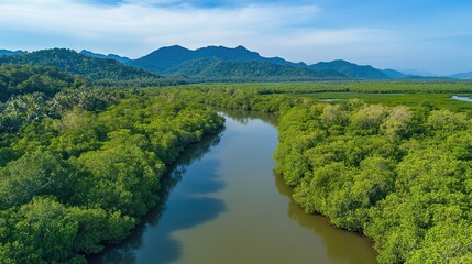 Expansive views of forests and mangroves with towering mountains in the background, featuring tranquil water and lush green, showing natural beauty and cultural heritage.