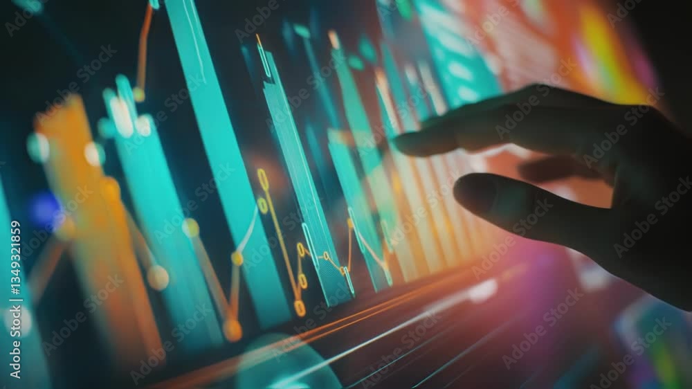 Poster a closeup of a hand reaching out to manipulate a holographic projection of upwardtrending graphs and