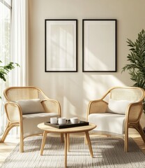 Relaxing Living Room Interior with Beige Wicker Armchairs and Natural Light