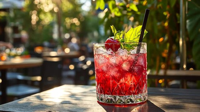 Fresh cherry cocktail. Fresh summer cocktail with cherries and ice cubes. Glass of cherry soda