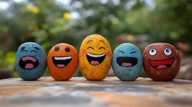 A cheerful row of painted emotion rocks sharing laughter and joy outdoors with a softly blurred background.