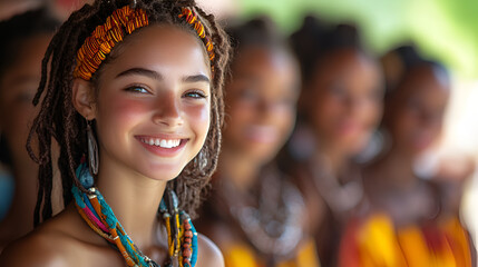 A radiant young woman with vibrant dreadlocks and colorful adornments smiles warmly amidst a blurred backdrop of her community, bathed in soft sunlight.